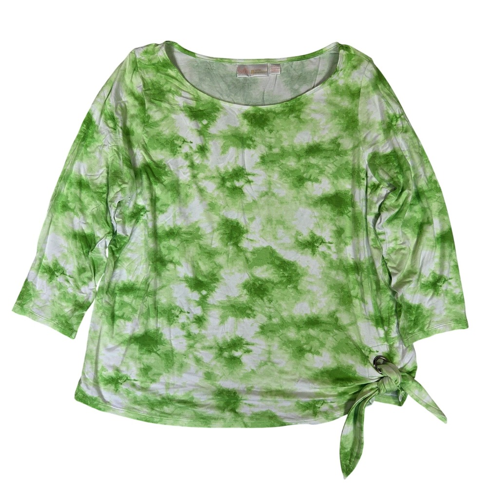 Belle by Kim Gravel Green Tie Dye 3/4 Sleeve Side Tie Top Large Casual